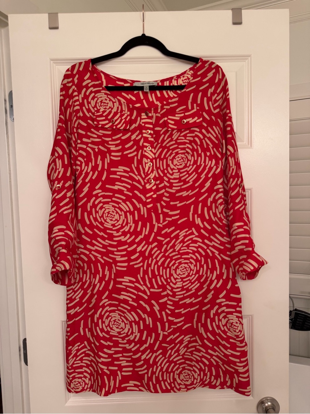 Beth Bowley Red Shift Dress with Cream Swirl Print